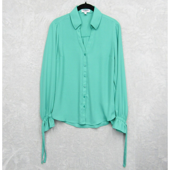 Express Portofino Shirt Green Bell Tie Long Sleeve Blouse Top Button Up Sz Small - Picture 2 of 10